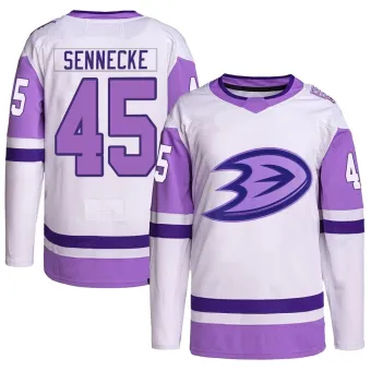 Men's Beckett Sennecke Anaheim Ducks Hockey Fights Cancer Primegreen Jersey - White/Purple Authentic