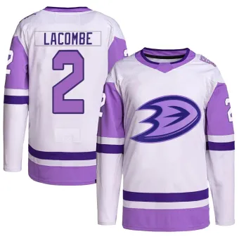 Men's Jackson LaCombe Anaheim Ducks Hockey Fights Cancer Primegreen Jersey - White/Purple Authentic